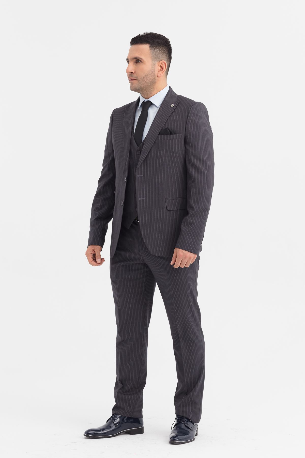 Slimfit Kesim Erkek Yelekli Çizgili Takım Elbise-GRİ