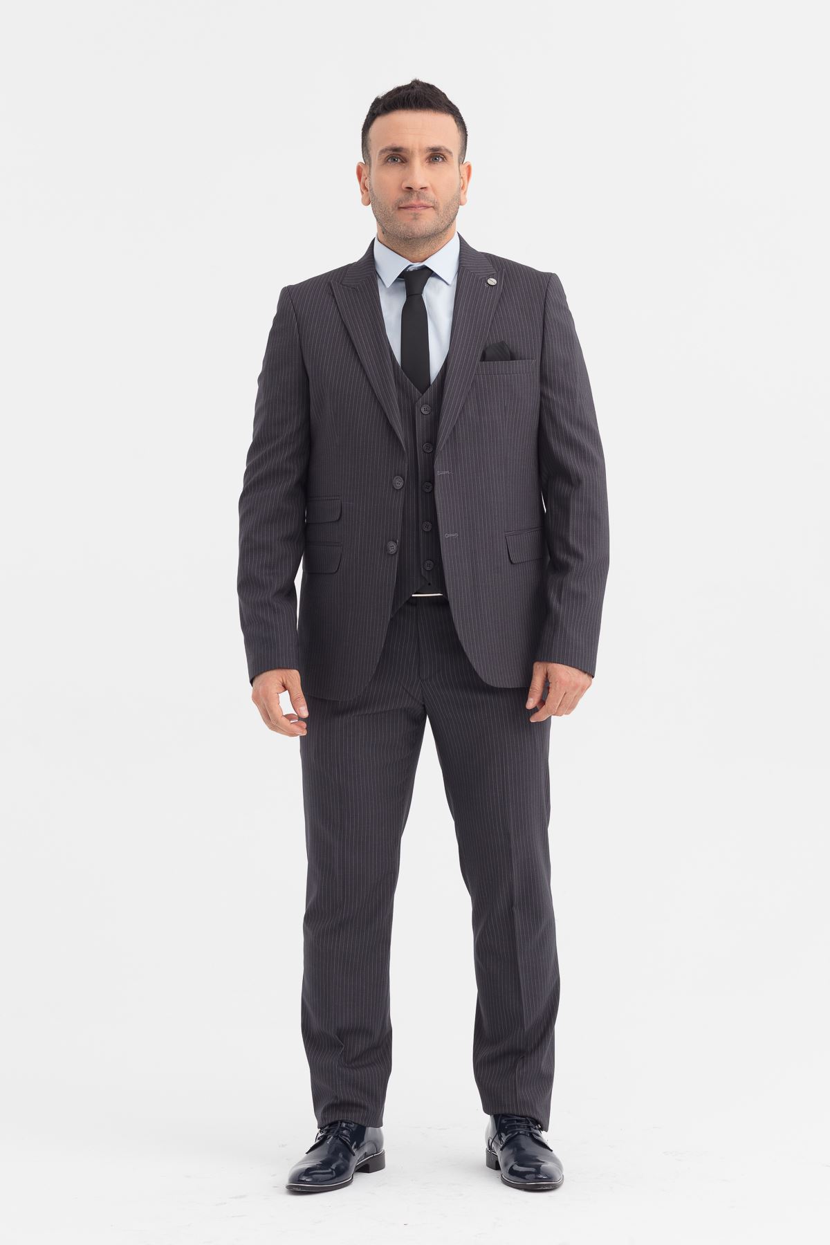 Slimfit Kesim Erkek Yelekli Çizgili Takım Elbise-GRİ