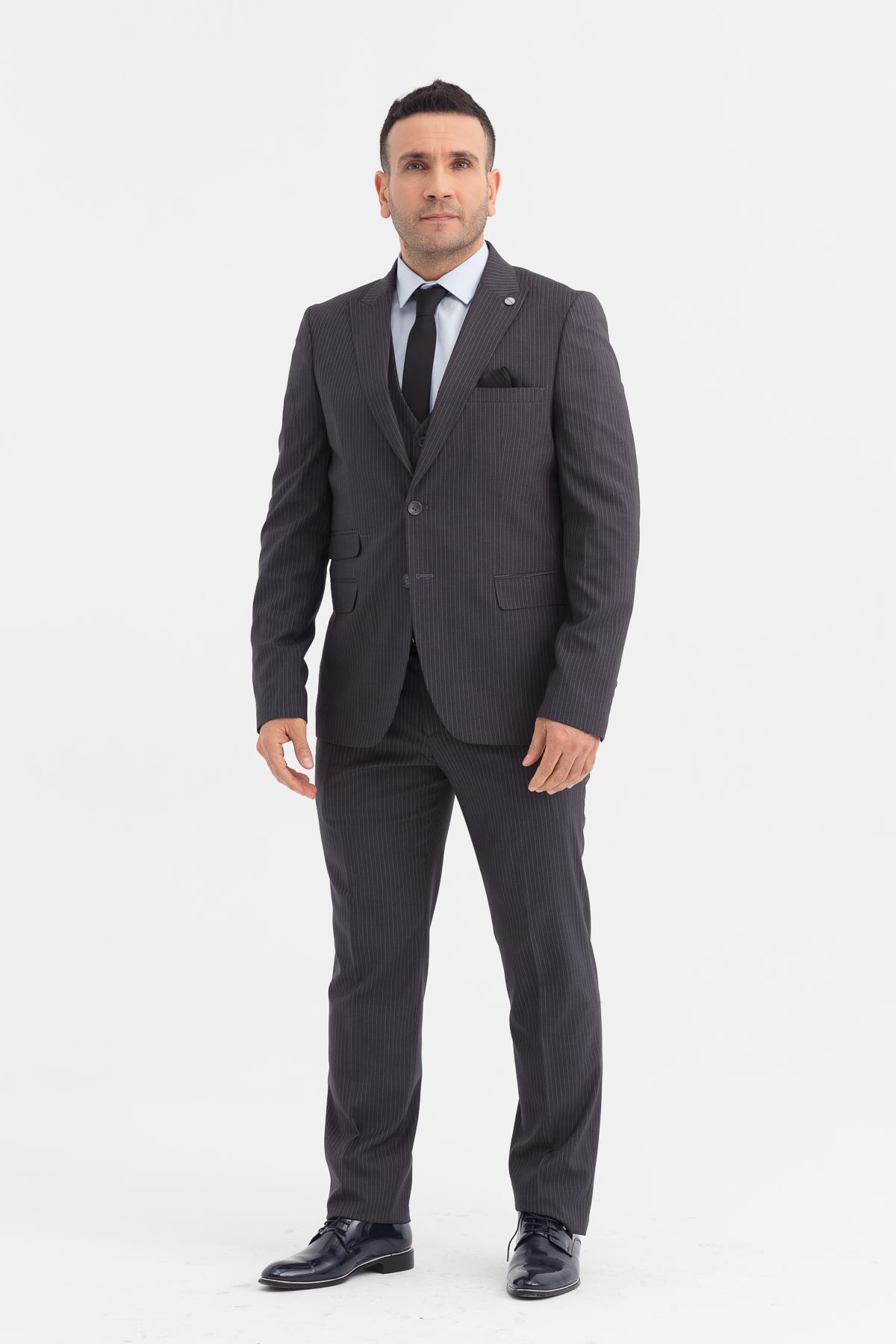 Slimfit Kesim Erkek Yelekli Çizgili Takım Elbise-GRİ