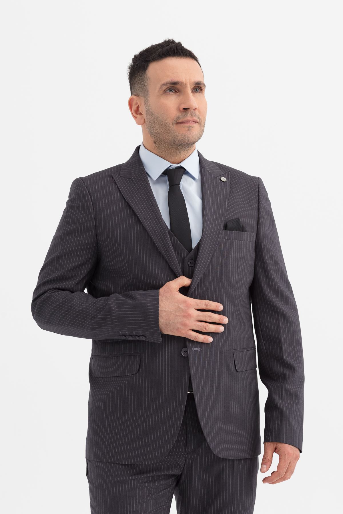 Slimfit Kesim Erkek Yelekli Çizgili Takım Elbise-GRİ