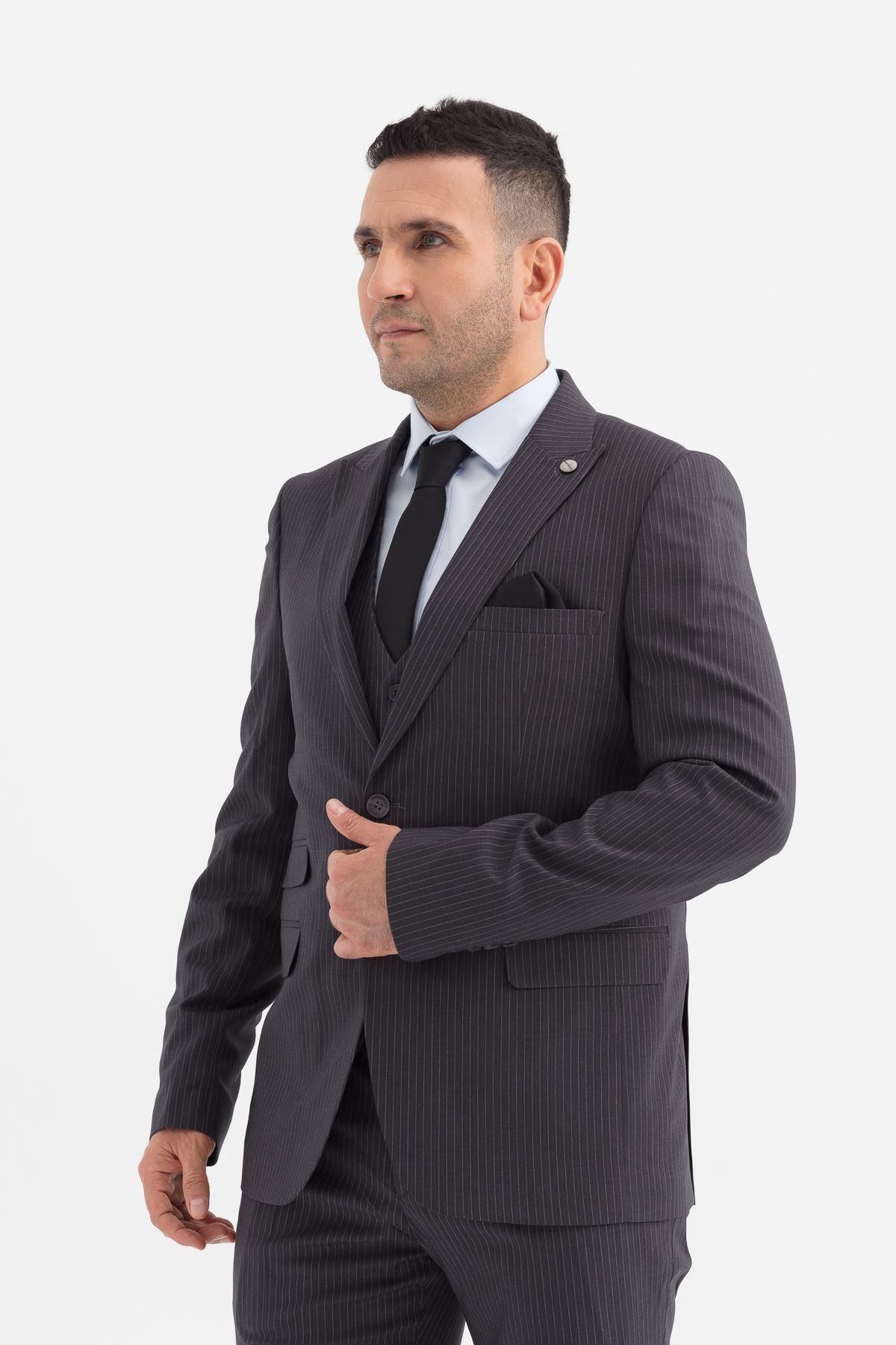 Slimfit Kesim Erkek Yelekli Çizgili Takım Elbise-GRİ