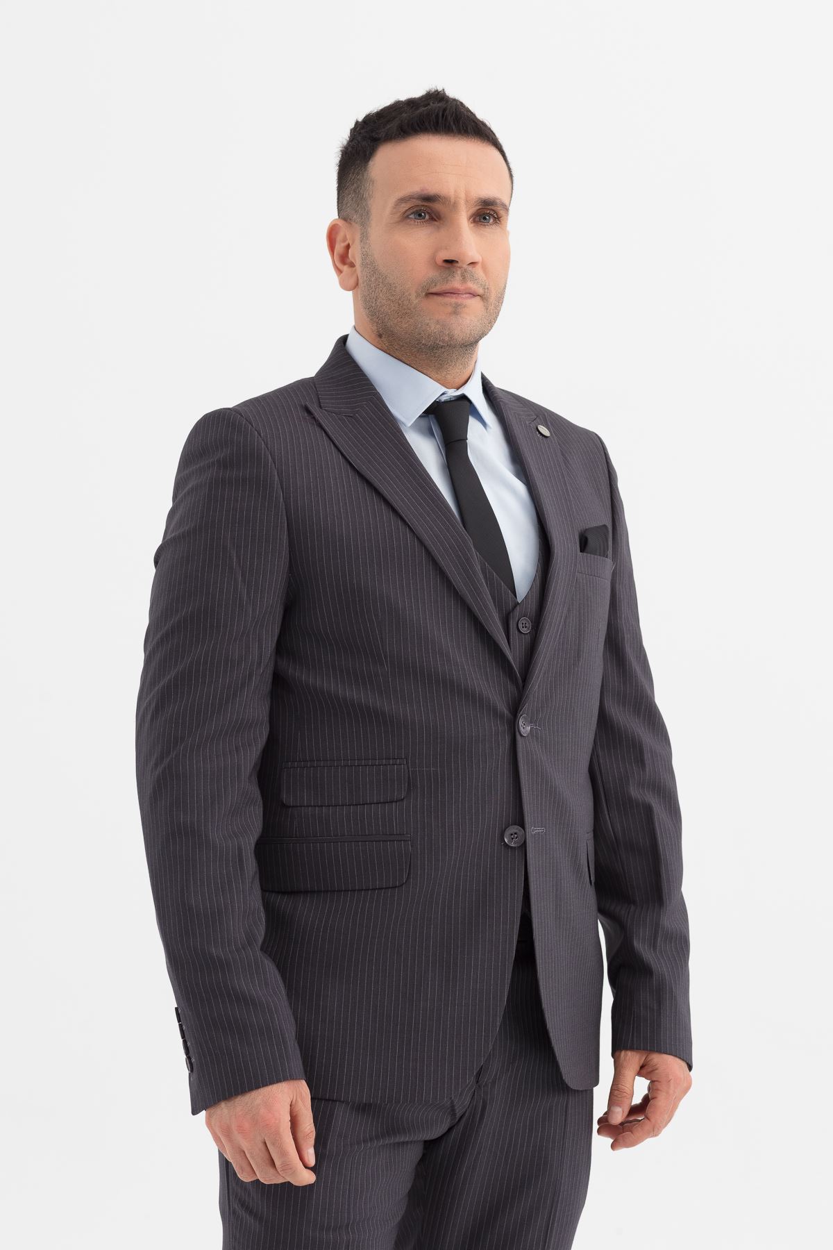Slimfit Kesim Erkek Yelekli Çizgili Takım Elbise-GRİ