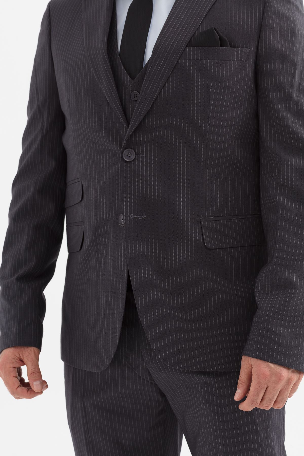 Slimfit Kesim Erkek Yelekli Çizgili Takım Elbise-GRİ