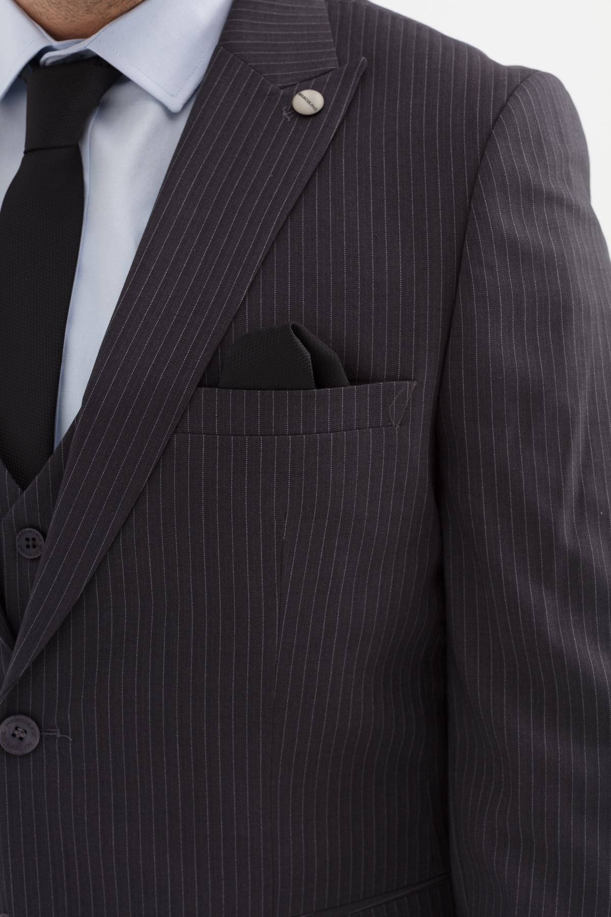 Slimfit Kesim Erkek Yelekli Çizgili Takım Elbise-GRİ