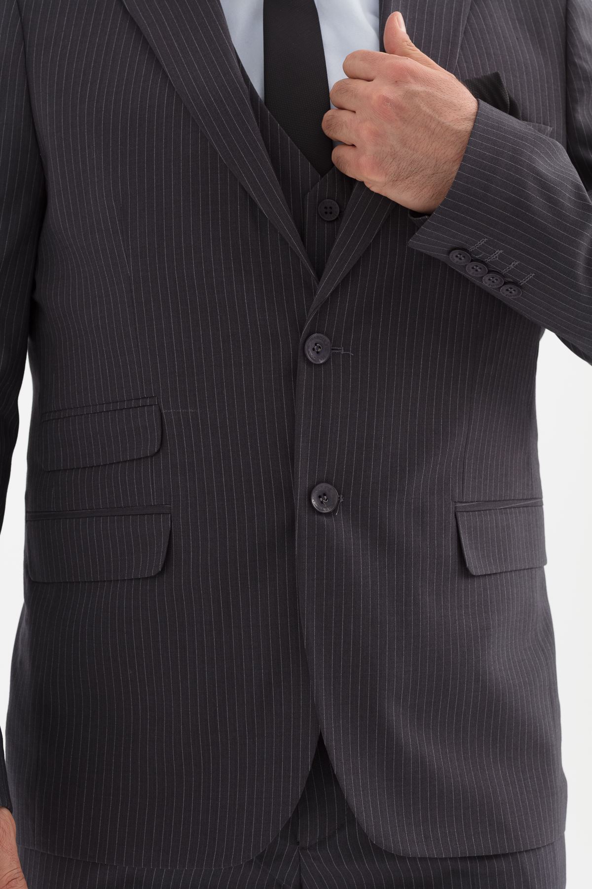 Slimfit Kesim Erkek Yelekli Çizgili Takım Elbise-GRİ