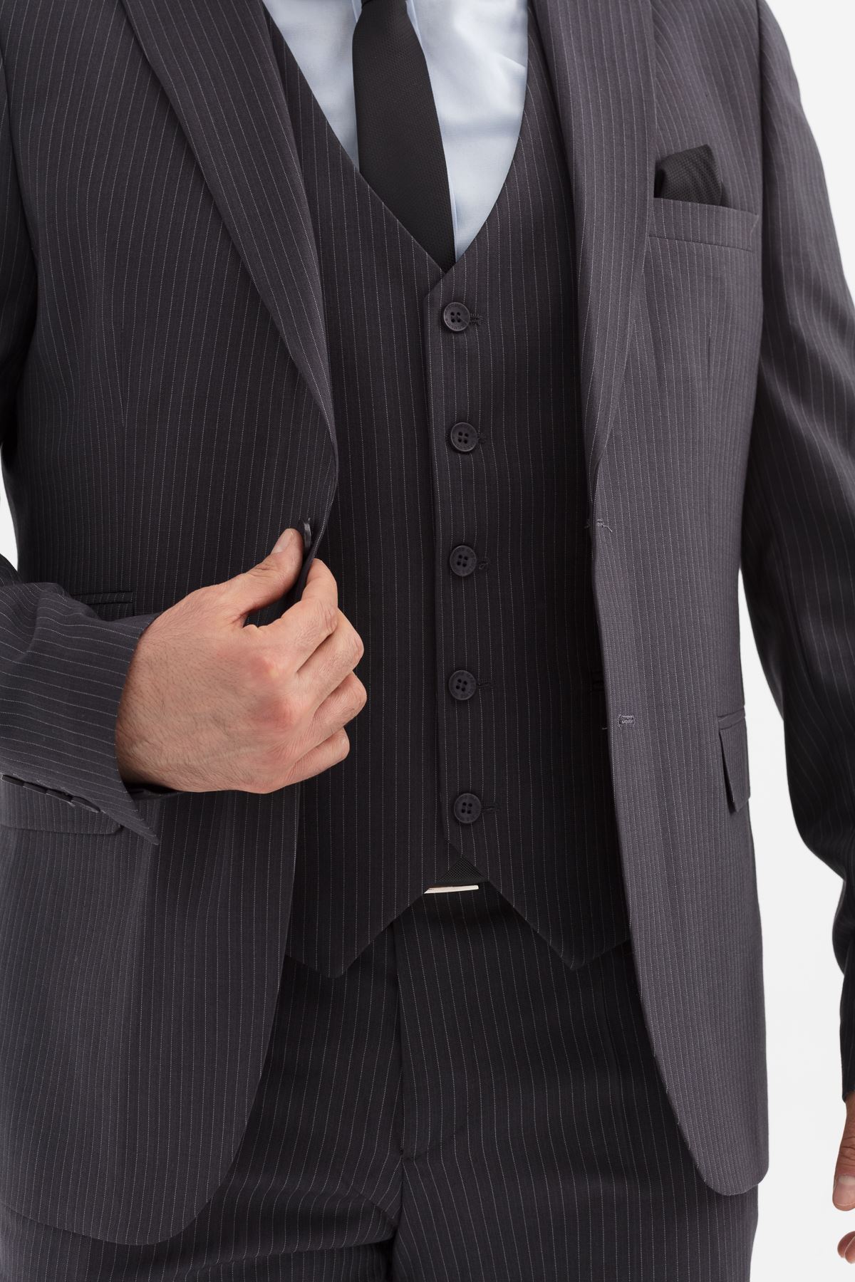 Slimfit Kesim Erkek Yelekli Çizgili Takım Elbise-GRİ