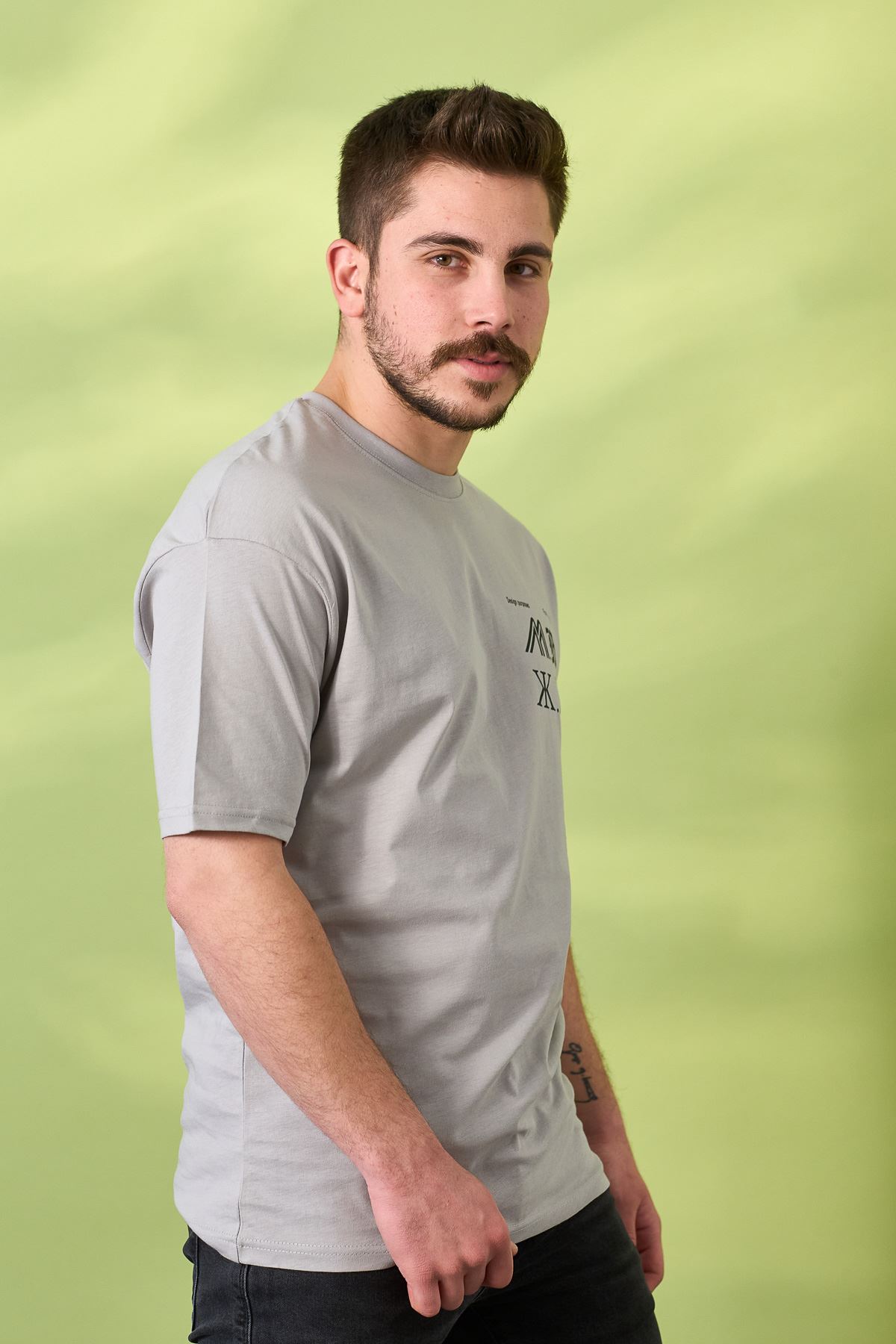 Regular Kesim Baskı Desen Sıfır Yaka Penye Tshirt-GRİ