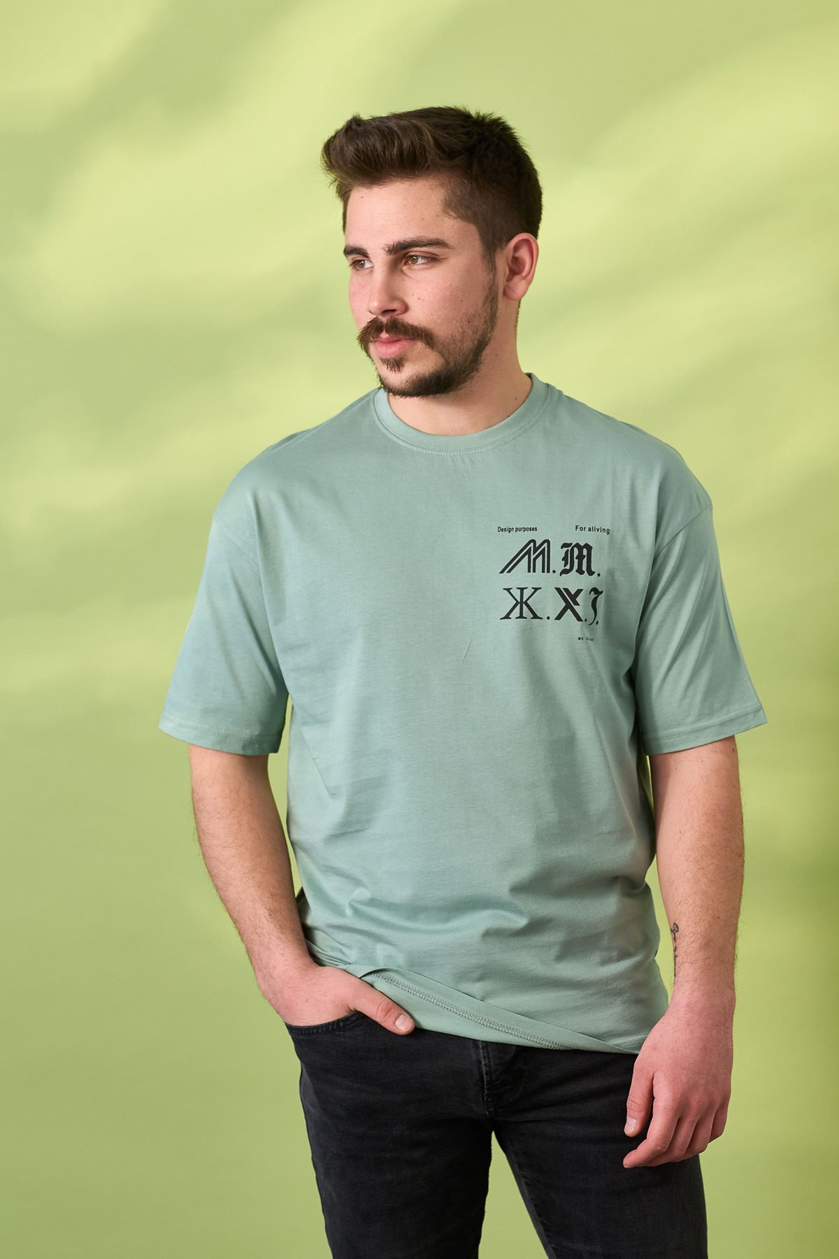 Regular Kesim Baskı Desen Sıfır Yaka Penye Tshirt-MINT