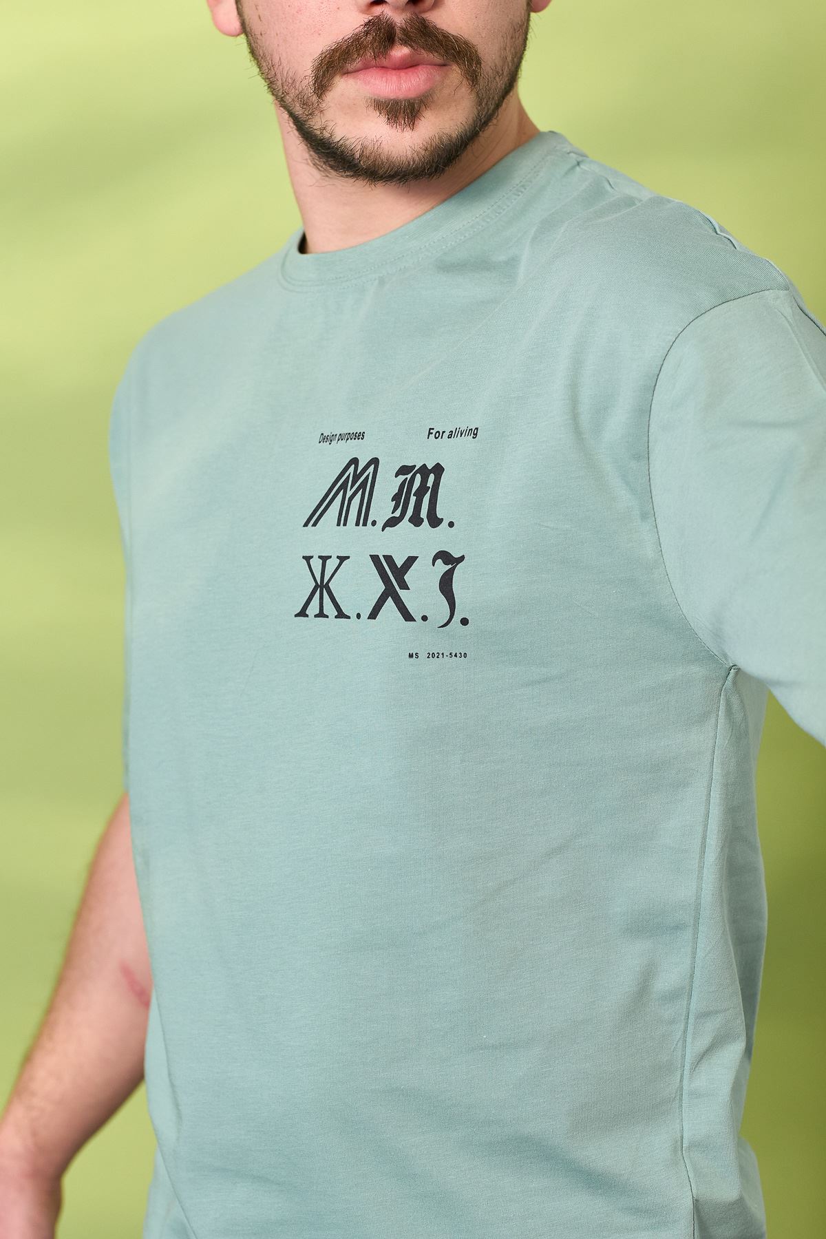 Regular Kesim Baskı Desen Sıfır Yaka Penye Tshirt-MINT