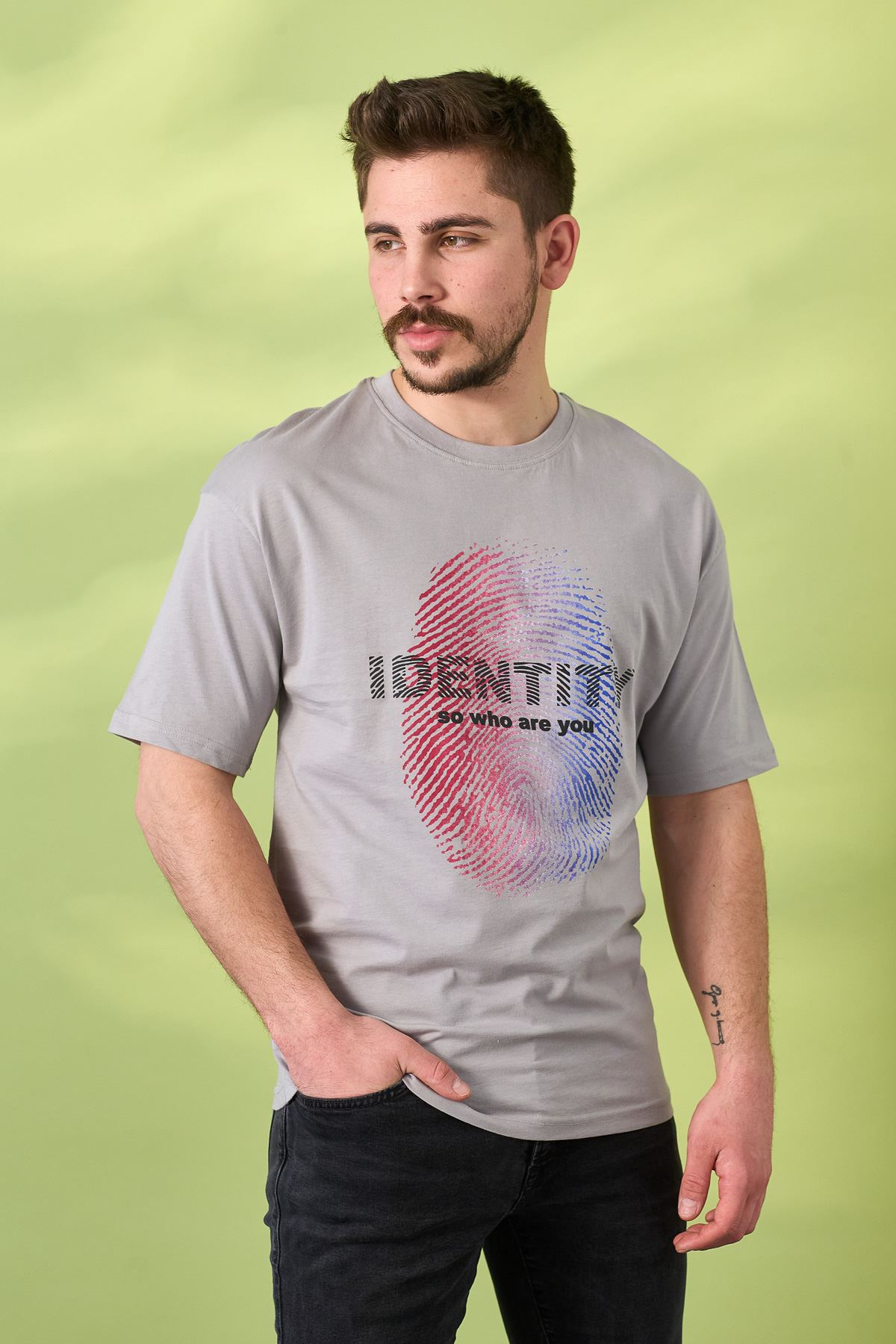 Regular Prament Baskı Desen Penye T-shirt-GRİ