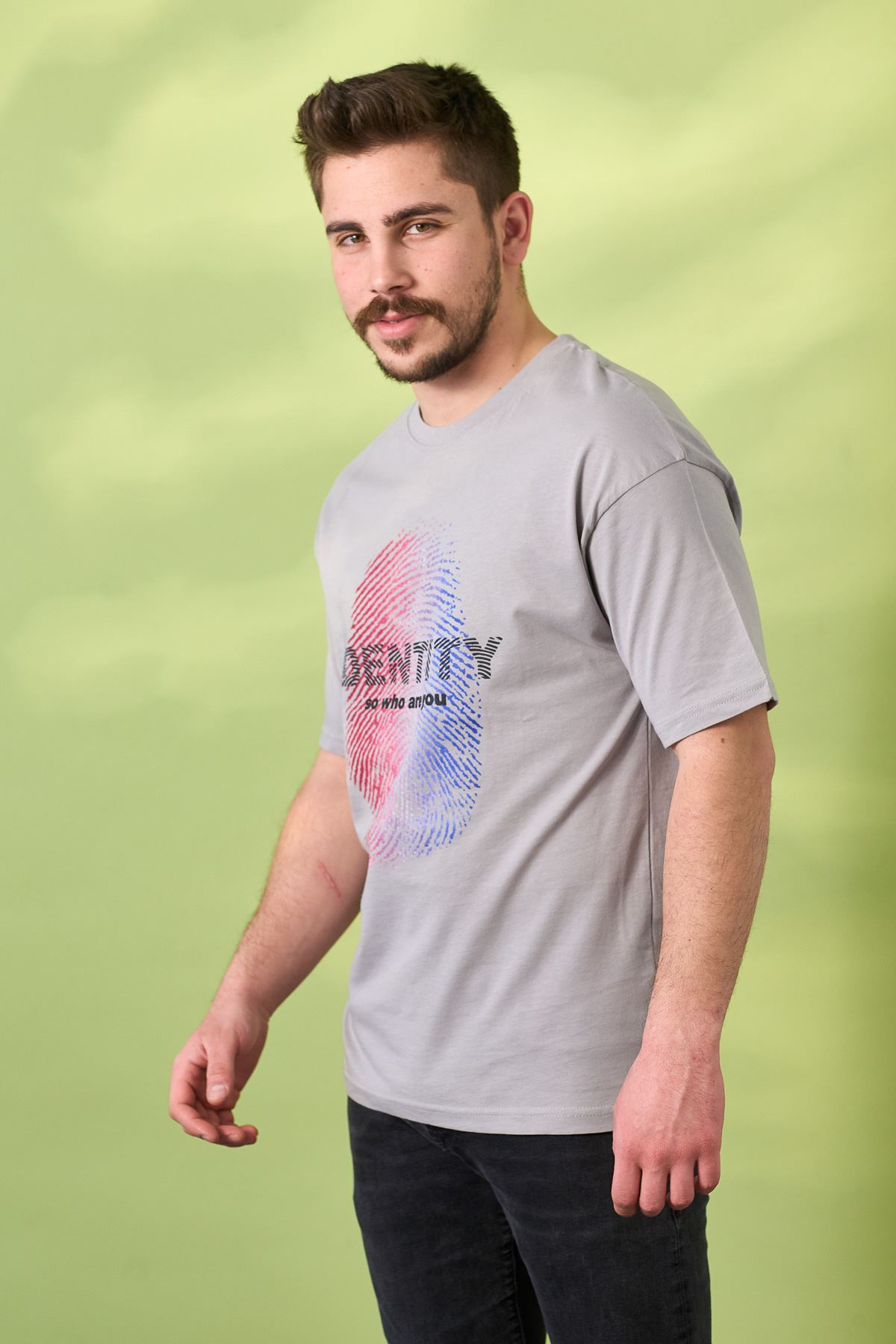 Regular Prament Baskı Desen Penye T-shirt-GRİ