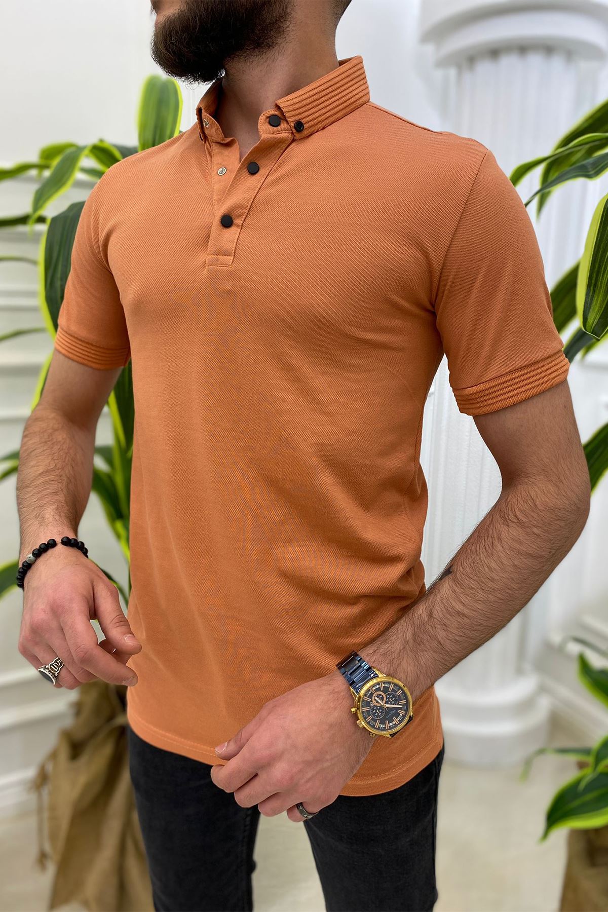 Slimfit Kesim Erkek Örgü Yaka Oxford Kumaş Tshirt-TABA