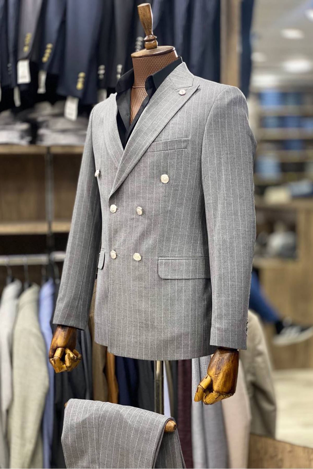 Slimfit Kesim Erkek Kruvaze Cizgili Takım Elbise-GRİ