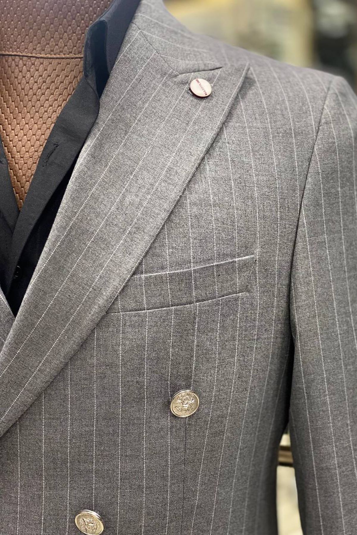 Slimfit Kesim Erkek Kruvaze Cizgili Takım Elbise-GRİ