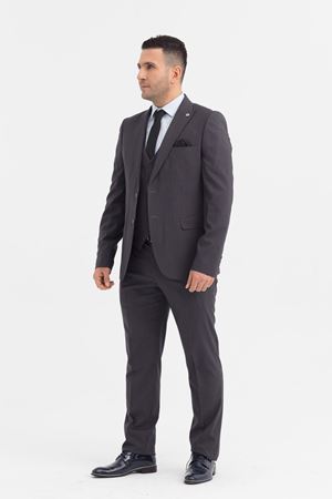 Slimfit Kesim Erkek Yelekli Çizgili Takım Elbise-GRİ