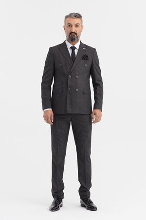 Slimfit Kesim Erkek Kruvaze Cizgili Takım Elbise-GRİ