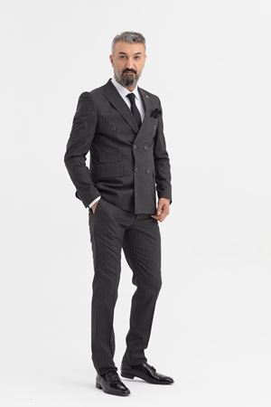 Slimfit Kesim Erkek Kruvaze Cizgili Takım Elbise-GRİ