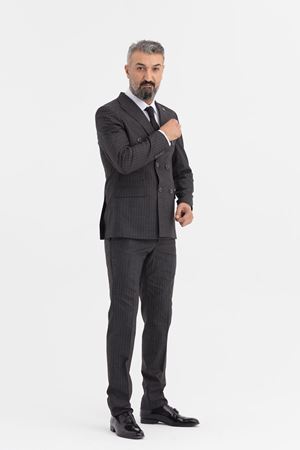 Slimfit Kesim Erkek Kruvaze Cizgili Takım Elbise-GRİ