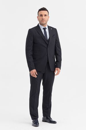 Slimfit Kesim Erkek Yelekli Çizgili Takım Elbise-LACİVERT