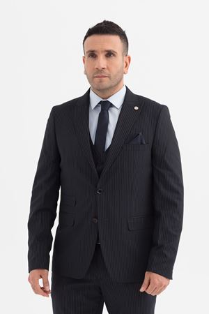 Slimfit Kesim Erkek Yelekli Çizgili Takım Elbise-LACİVERT