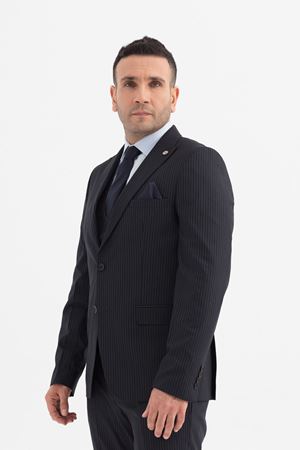 Slimfit Kesim Erkek Yelekli Çizgili Takım Elbise-LACİVERT