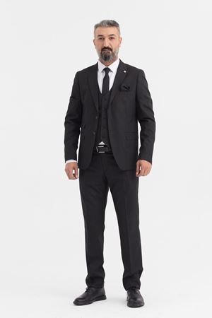 Slimfit Kesim Erkek Yelekli Çizgili Takım Elbise-SİYAH