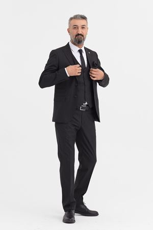 Slimfit Kesim Erkek Yelekli Çizgili Takım Elbise-SİYAH