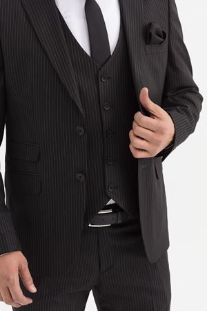 Slimfit Kesim Erkek Yelekli Çizgili Takım Elbise-SİYAH