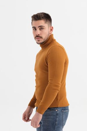 Slimfit Kesin Düz Desen Tam Balıkçı Triko Kazak-SARI