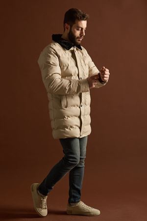 Slimfit Kesim Erkek Uzun Deri Sisme Mont-BEJ