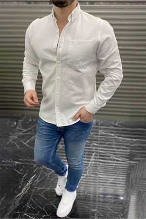 Slimfit Kesim Erkek Tek Cepli Gabardin Gomlek-BEYAZ