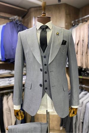 Slimfit Kesim Erkek Armur Desen Yelekli Takim Elbise-SIS MAVI