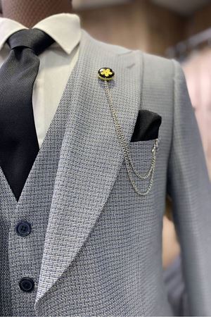 Slimfit Kesim Erkek Armur Desen Yelekli Takim Elbise-SIS MAVI