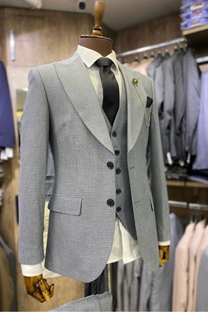 Slimfit Kesim Erkek Armur Desen Yelekli Takim Elbise-SIS MAVI