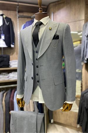 Slimfit Kesim Erkek Armur Desen Yelekli Takim Elbise-SIS MAVI