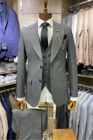 Slimfit Kesim Erkek Armur Desen Yelekli Takim Elbise-KÜL