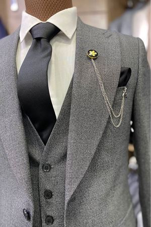 Slimfit Kesim Erkek Armur Desen Yelekli Takim Elbise-KÜL