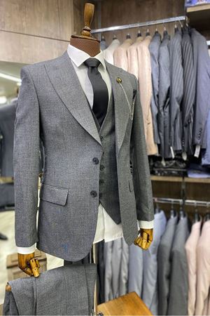 Slimfit Kesim Erkek Armur Desen Yelekli Takim Elbise-KÜL