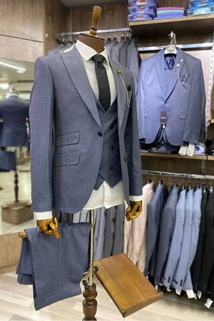 Slimfit Kesim Erkek Armur Desen Yelekli Takim Elbise-INDIGO