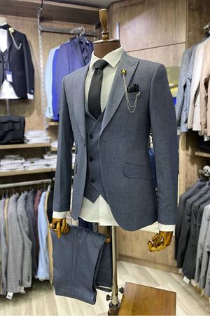 Slimfit Kesim Erkek Armur Desen Yelekli Takim Elbise-INDIGO