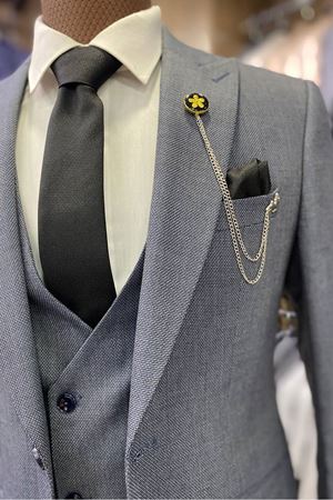 Slimfit Kesim Erkek Armur Desen Yelekli Takim Elbise-INDIGO