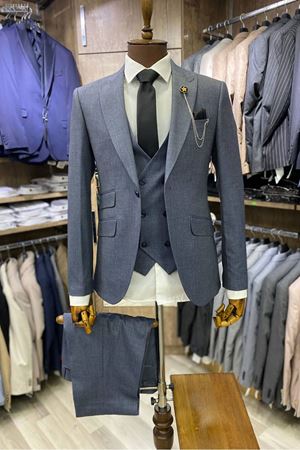 Slimfit Kesim Erkek Armur Desen Yelekli Takim Elbise-INDIGO