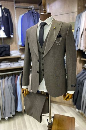 Slimfit Kesim Erkek Armur Desen Yelekli Takim Elbise-KAHVE