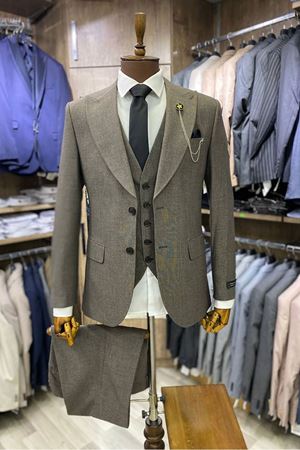 Slimfit Kesim Erkek Armur Desen Yelekli Takim Elbise-KAHVE