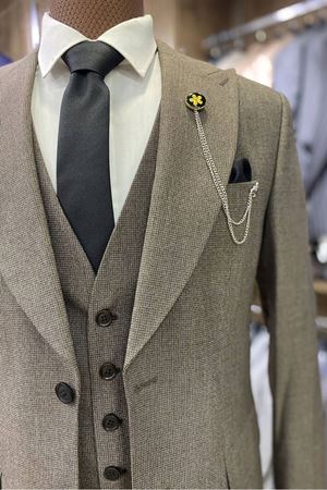 Slimfit Kesim Erkek Armur Desen Yelekli Takim Elbise-KAHVE