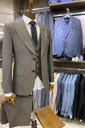 Slimfit Kesim Erkek Armur Desen Yelekli Takim Elbise-KAHVE