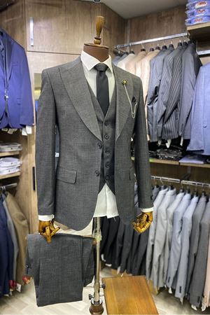 Slimfit Kesim Erkek Armur Desen Yelekli Takim Elbise-DUMAN