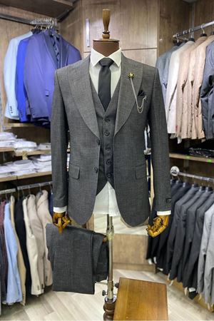 Slimfit Kesim Erkek Armur Desen Yelekli Takim Elbise-DUMAN