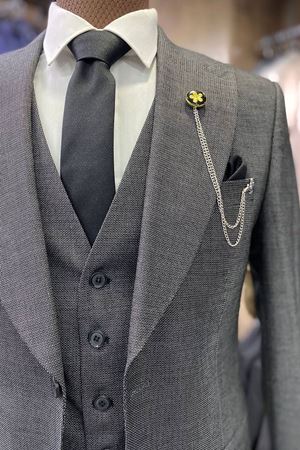 Slimfit Kesim Erkek Armur Desen Yelekli Takim Elbise-DUMAN