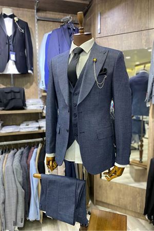 Slimfit Kesim Erkek Armur Desen Yelekli Takim Elbise-MAVİ